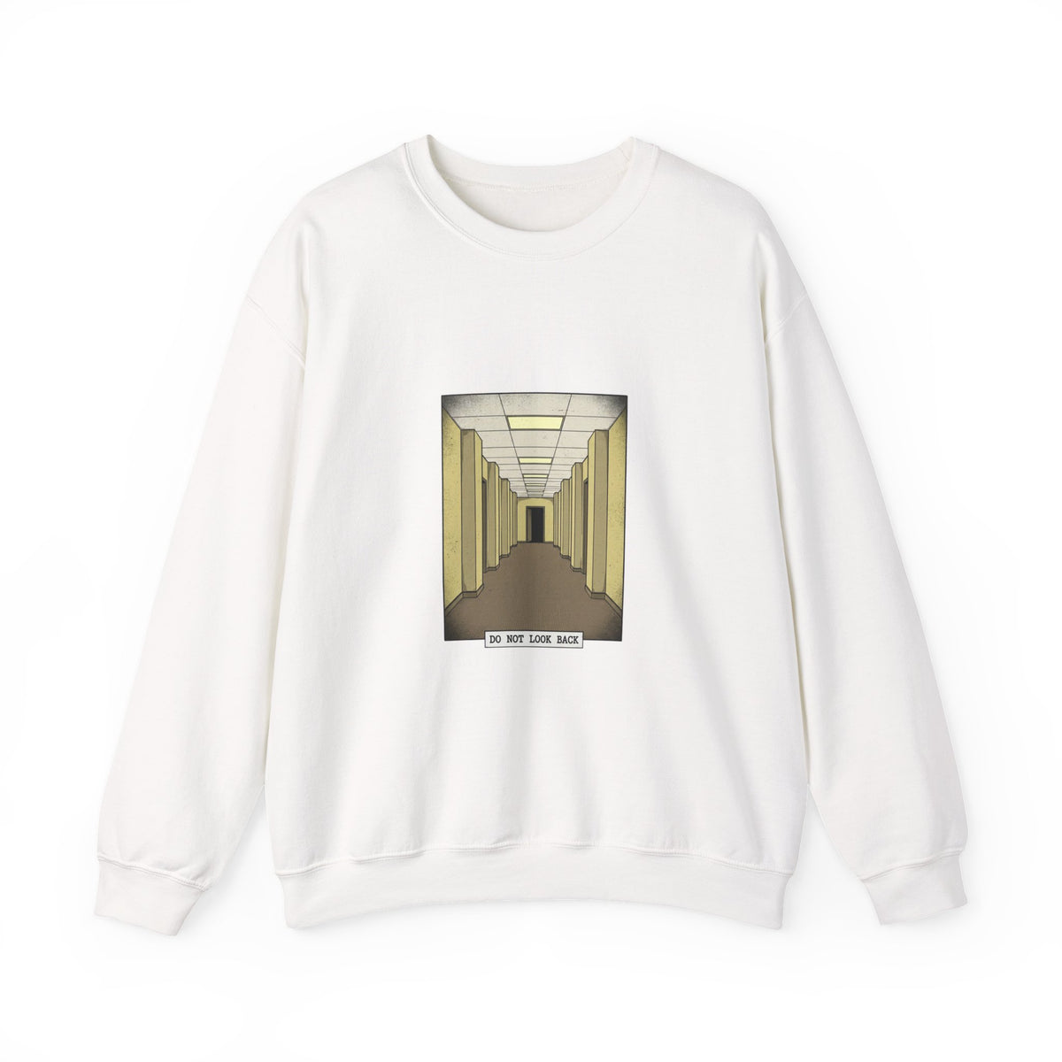 White sweatshirt with a graphic of a hallway and text on a white background