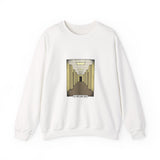 White sweatshirt with a graphic of a hallway and text on a white background
