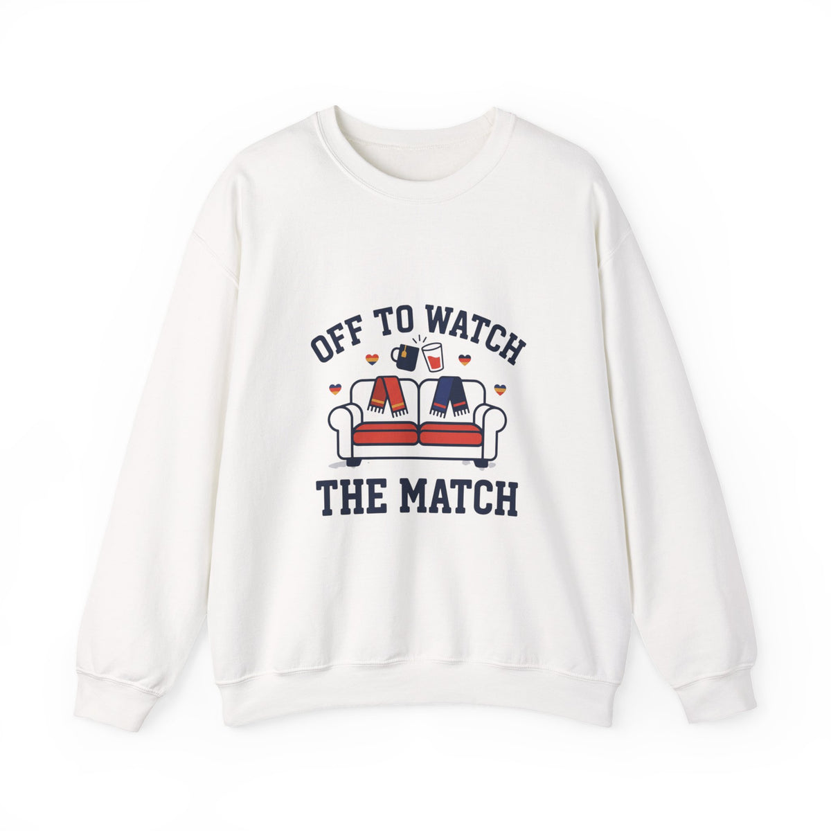 White sweatshirt with 'Off to Watch the Match' graphic on a white background