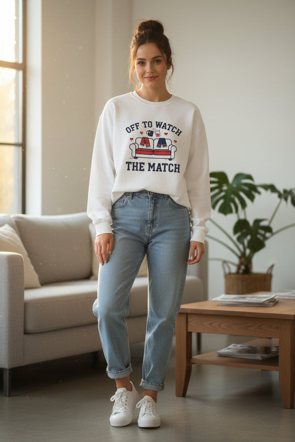 White sweatshirt with 'Off to Watch the Match' graphic on a white background