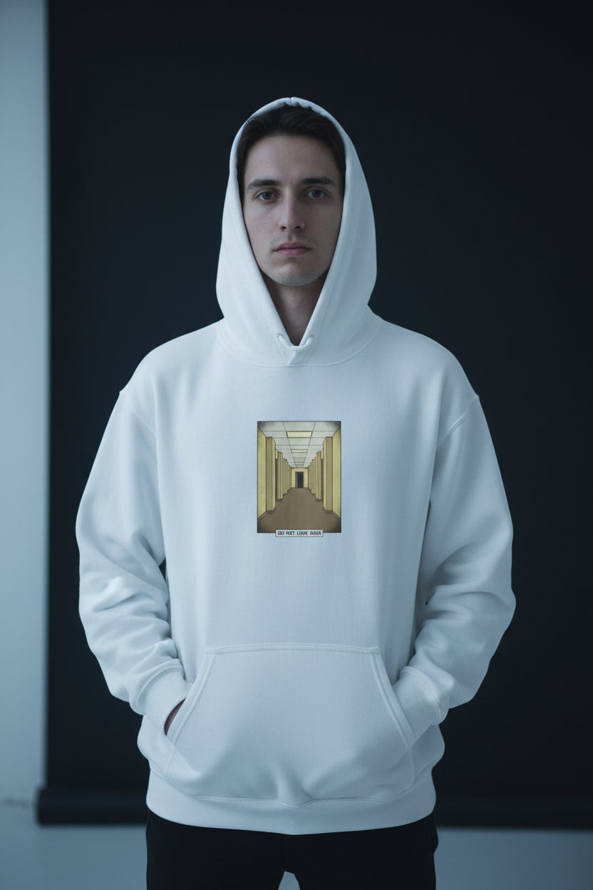 White hoodie with a small graphic on the chest against a white background