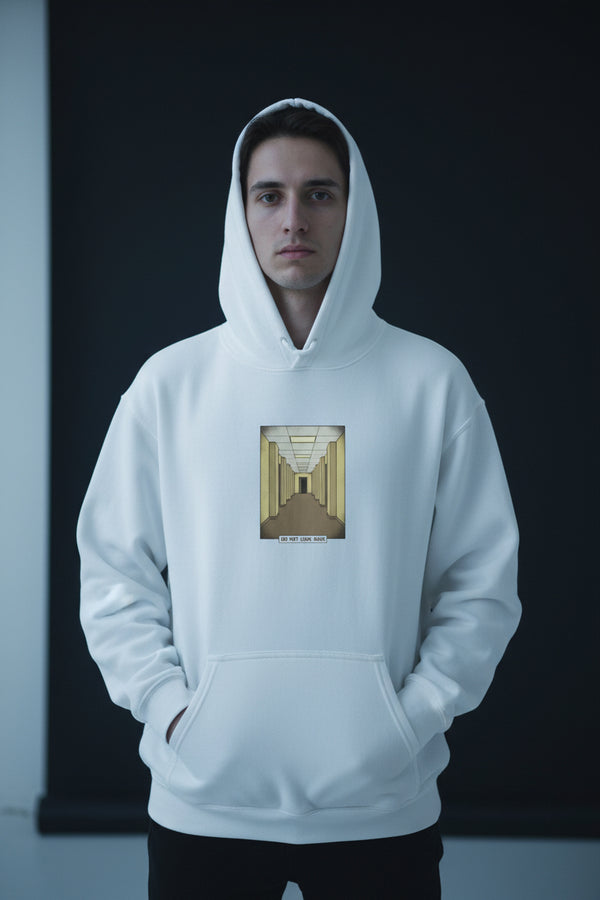 White hoodie with a small graphic on the chest against a white background