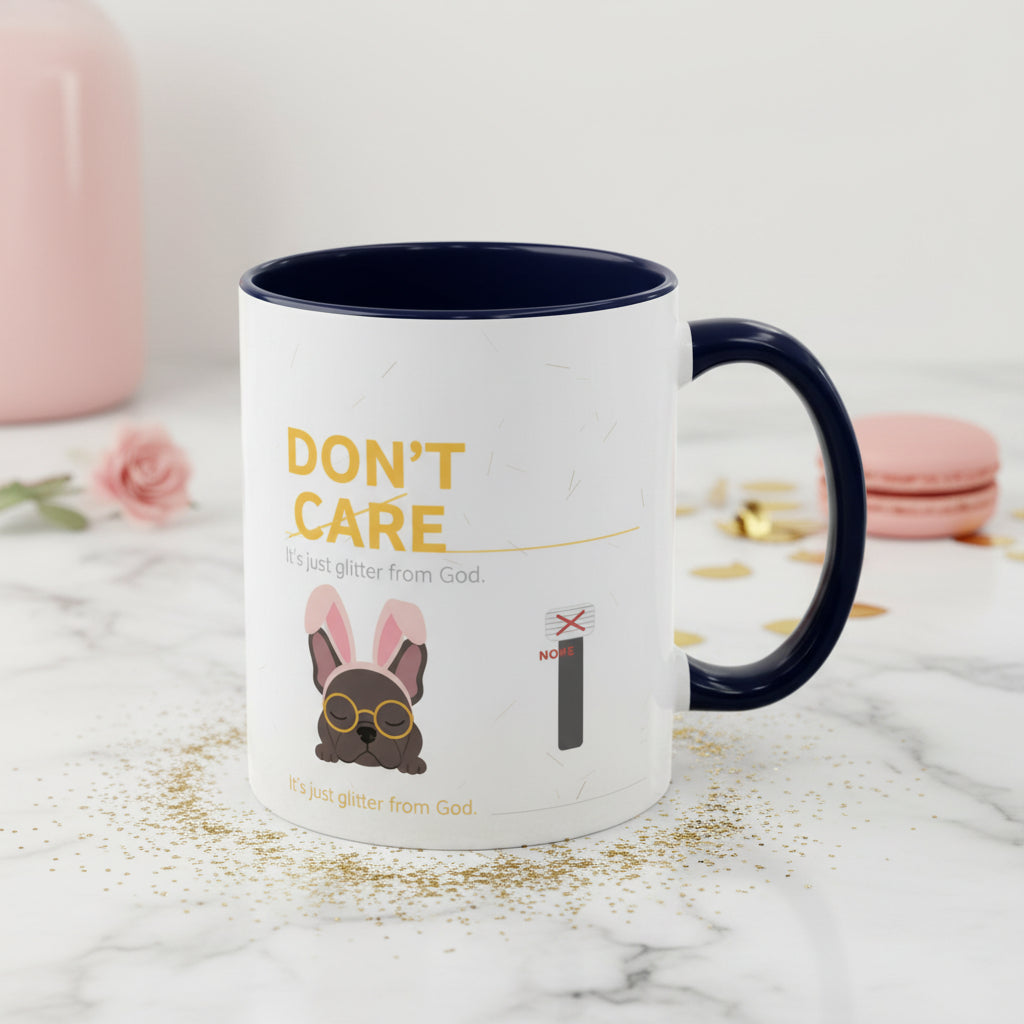 White mug with black handle and interior, featuring a small design and text on a white background