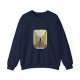 Navy blue sweatshirt with a graphic design of a crow and moonlit scene, featuring text 'Once Upon a Midnight Dreary'.