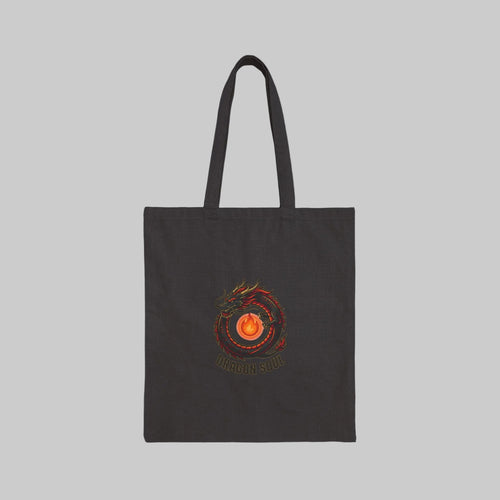 Black tote bag with a colorful design on a white background