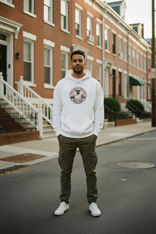 White hoodie with a colorful graphic design on a white background