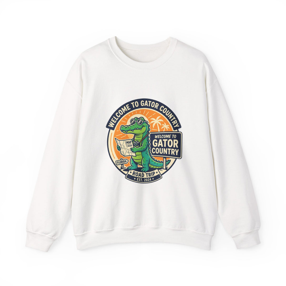 White sweatshirt with a graphic of a gator and text on a white background