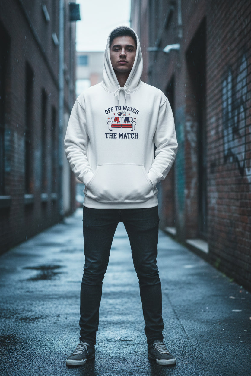 White hoodie with 'Off to Watch the Match' text and graphic on a white background