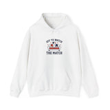 White hoodie with 'Off to Watch the Match' text and graphic on a white background