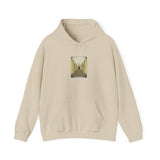 Beige hoodie with a colorful graphic on the chest against a white background