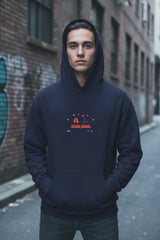 Black hoodie with a logo on a white background