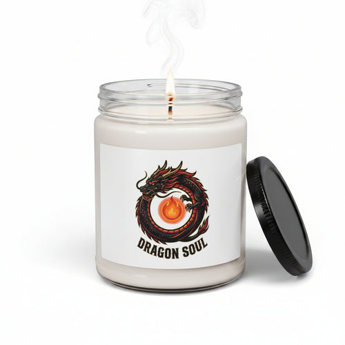 Candle jar with dragon design and 'Dragon Soul' text on a white background