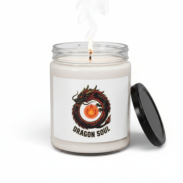 Candle jar with dragon design and 'Dragon Soul' text on a white background