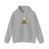 Gray hoodie with a graphic of a person at a desk on a white background
