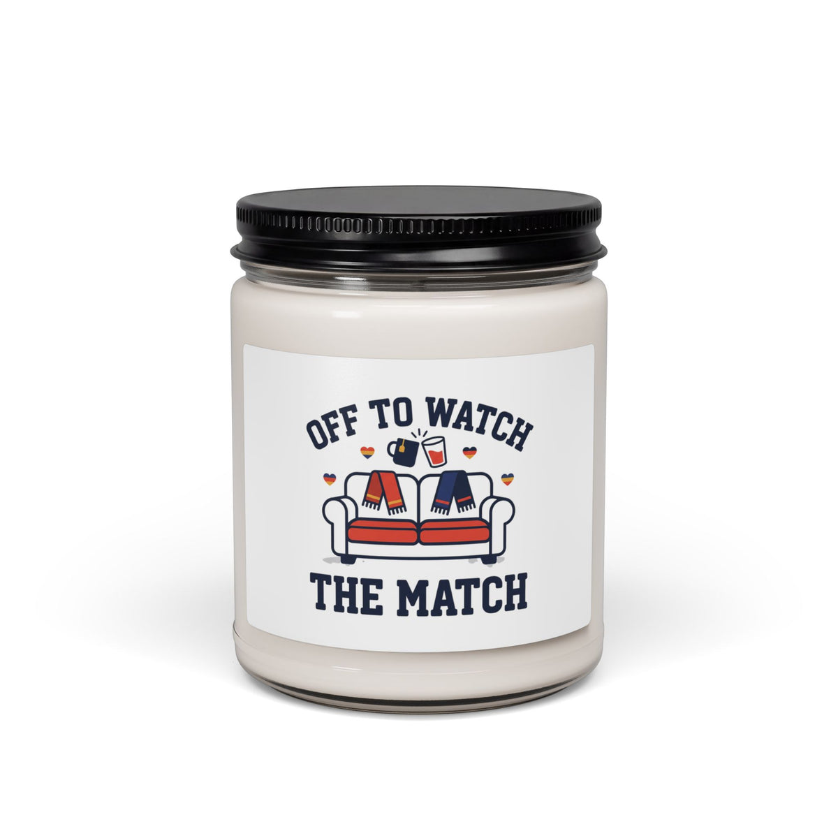 Candle jar with a label reading 'Off to Watch the Match' on a white background