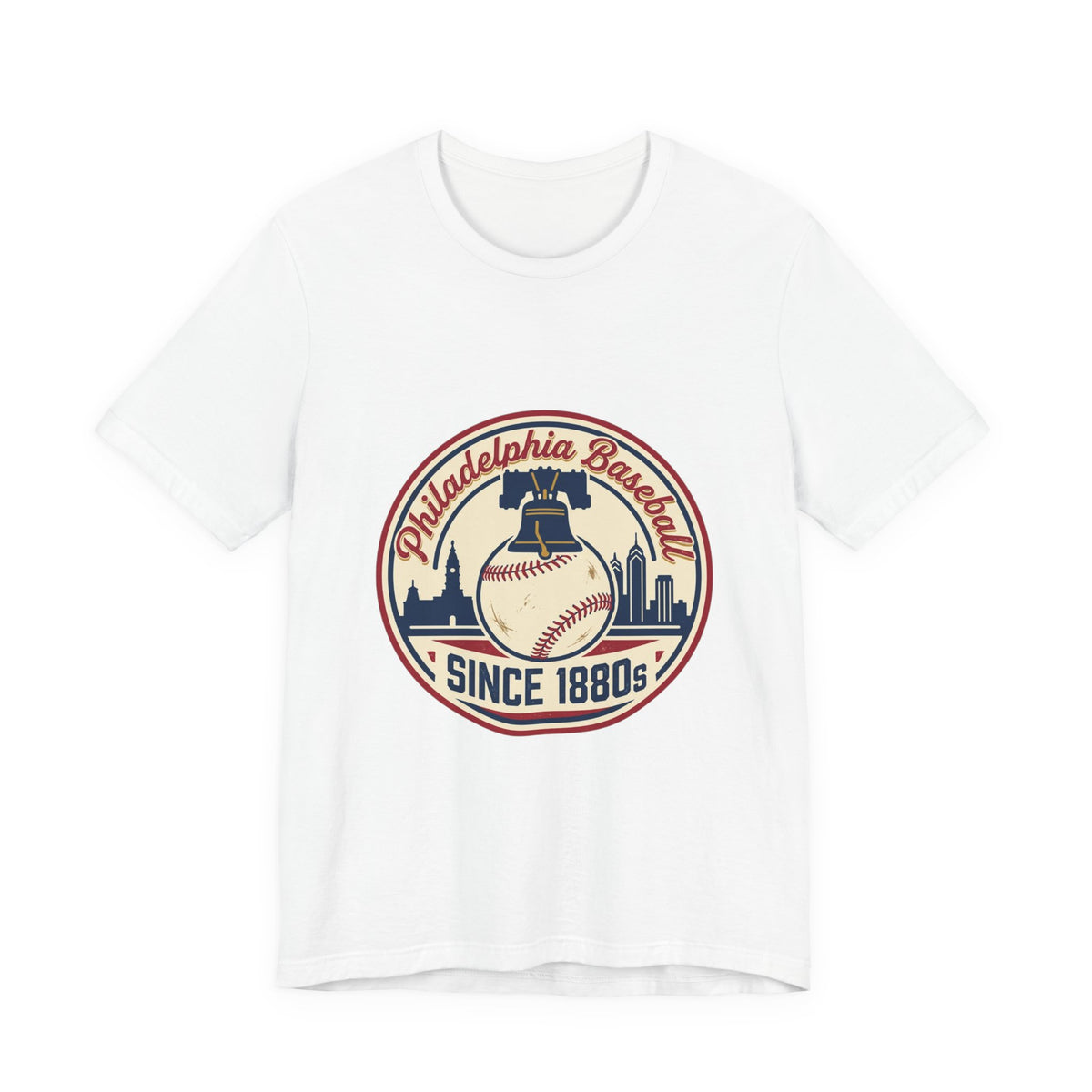 White t-shirt with a baseball-themed graphic design on a white background