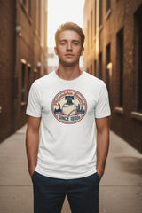 White t-shirt with a baseball-themed graphic design on a white background