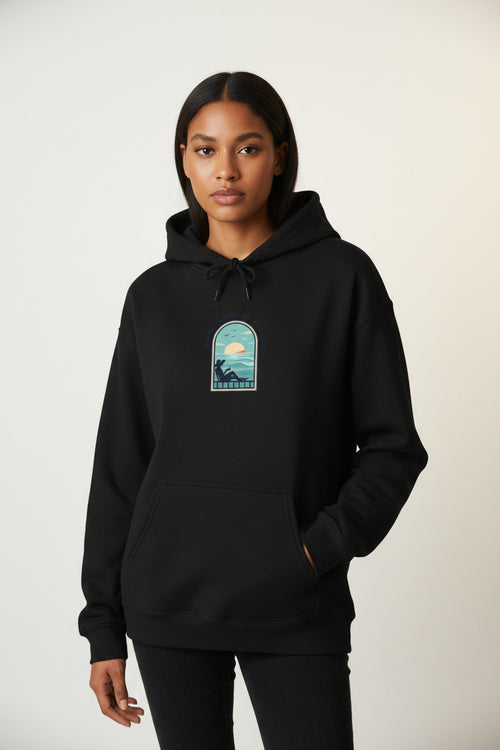 Black hoodie with 'EL GV' text on a white background