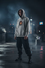 Gray hoodie with a logo and text on a white background