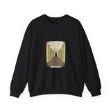 Black sweatshirt with a graphic design of a raven and moonlit scene, featuring text 'Once Upon a Midnight Dreary'.