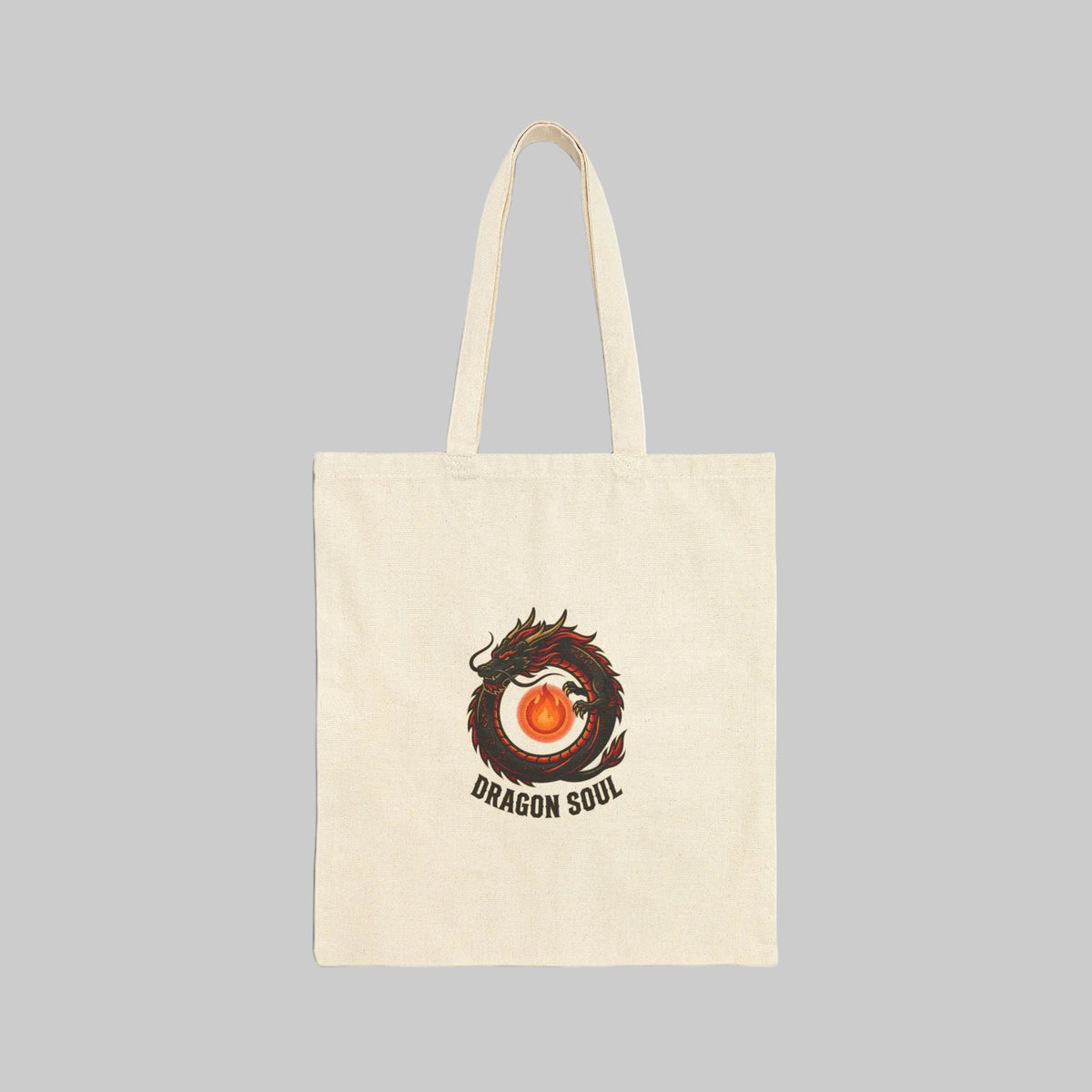 Beige tote bag with 'Dragon Soul' logo on a white background