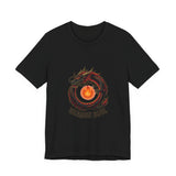 Black t-shirt with a dragon and flame design on a white background
