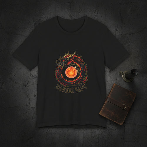 Black t-shirt with a dragon and flame design on a white background