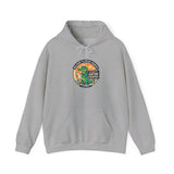 Gray hoodie with a colorful heart design and text on a white background