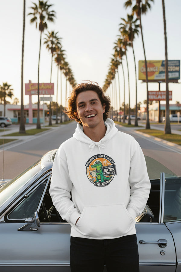 White hoodie with a graphic design on a white background