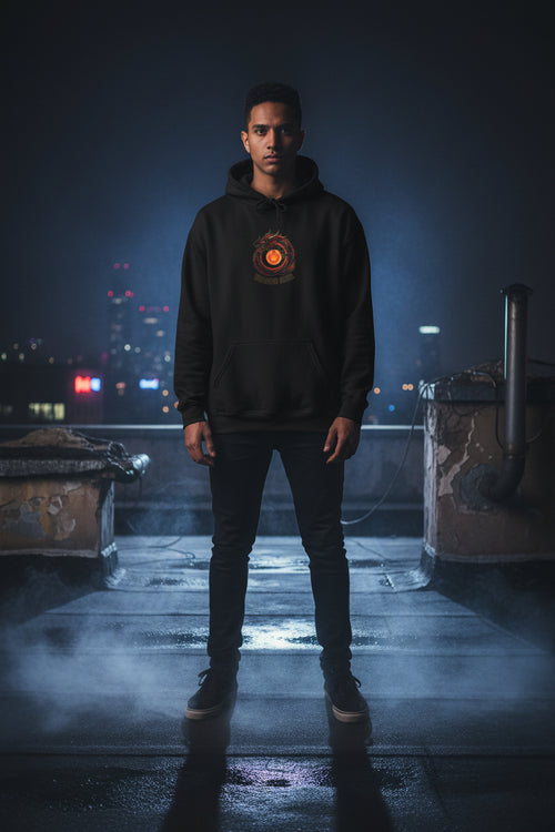 Black hoodie with 'HANGOVER' text on a white background