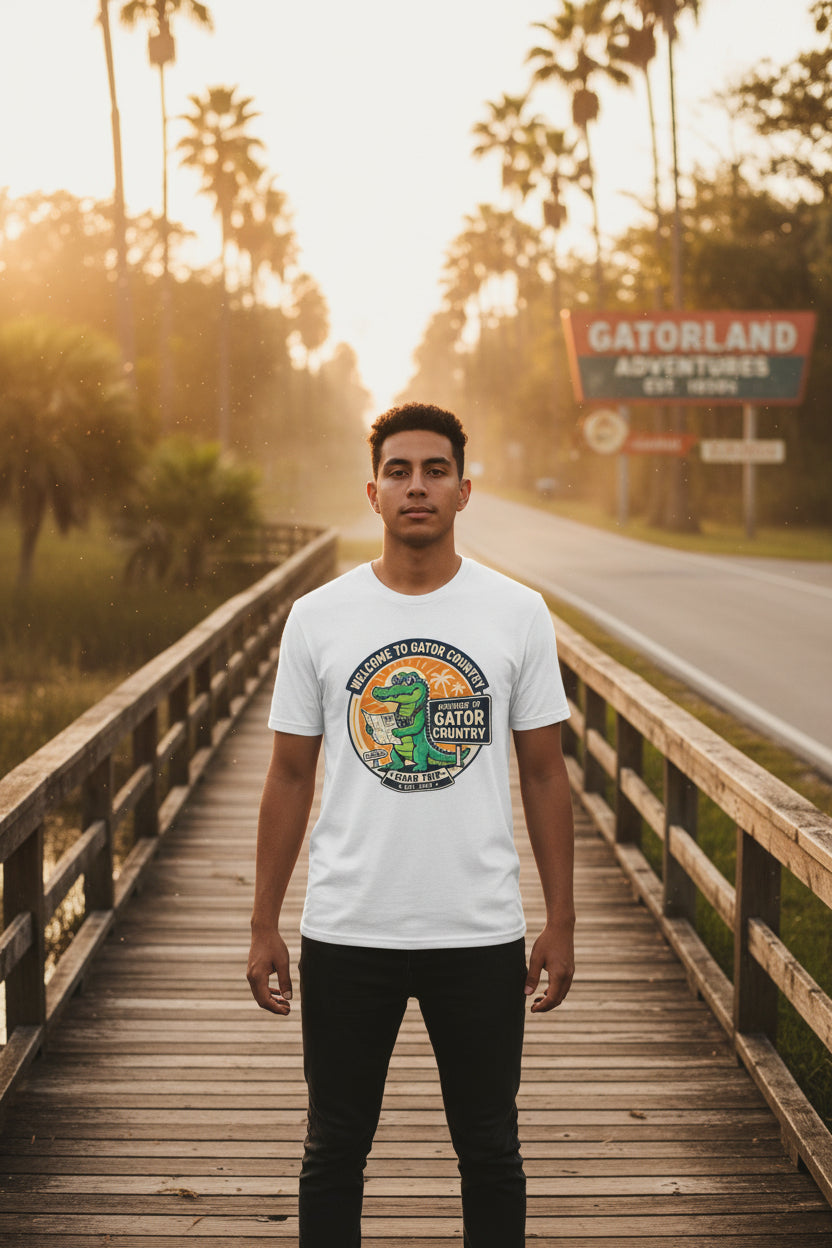 White t-shirt with a graphic of a gator and text 'Welcome to Gator Country' on a white background