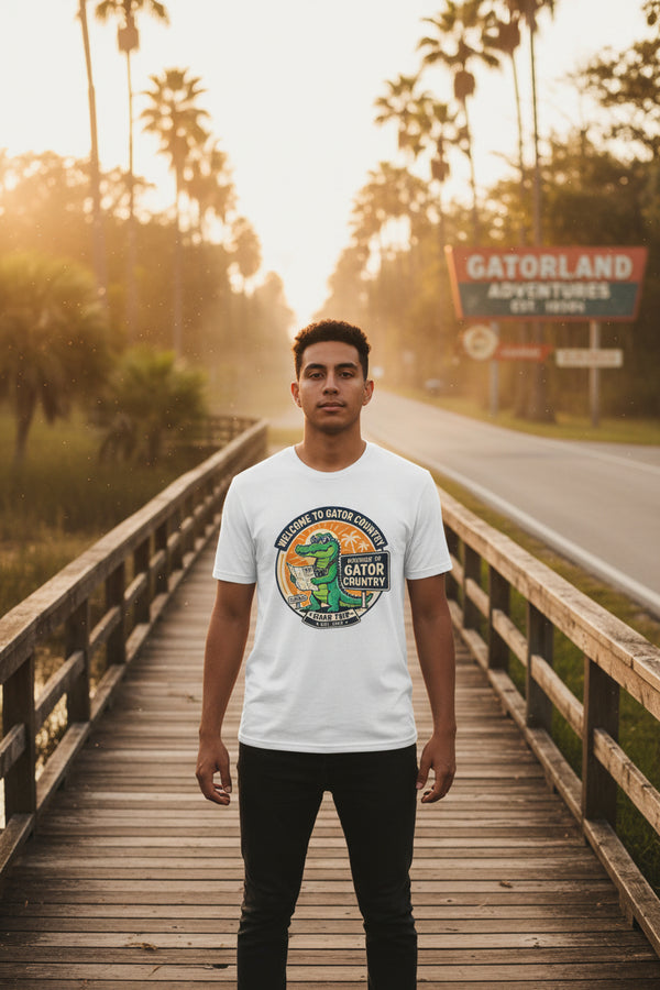 White t-shirt with a graphic of a gator and text 'Welcome to Gator Country' on a white background
