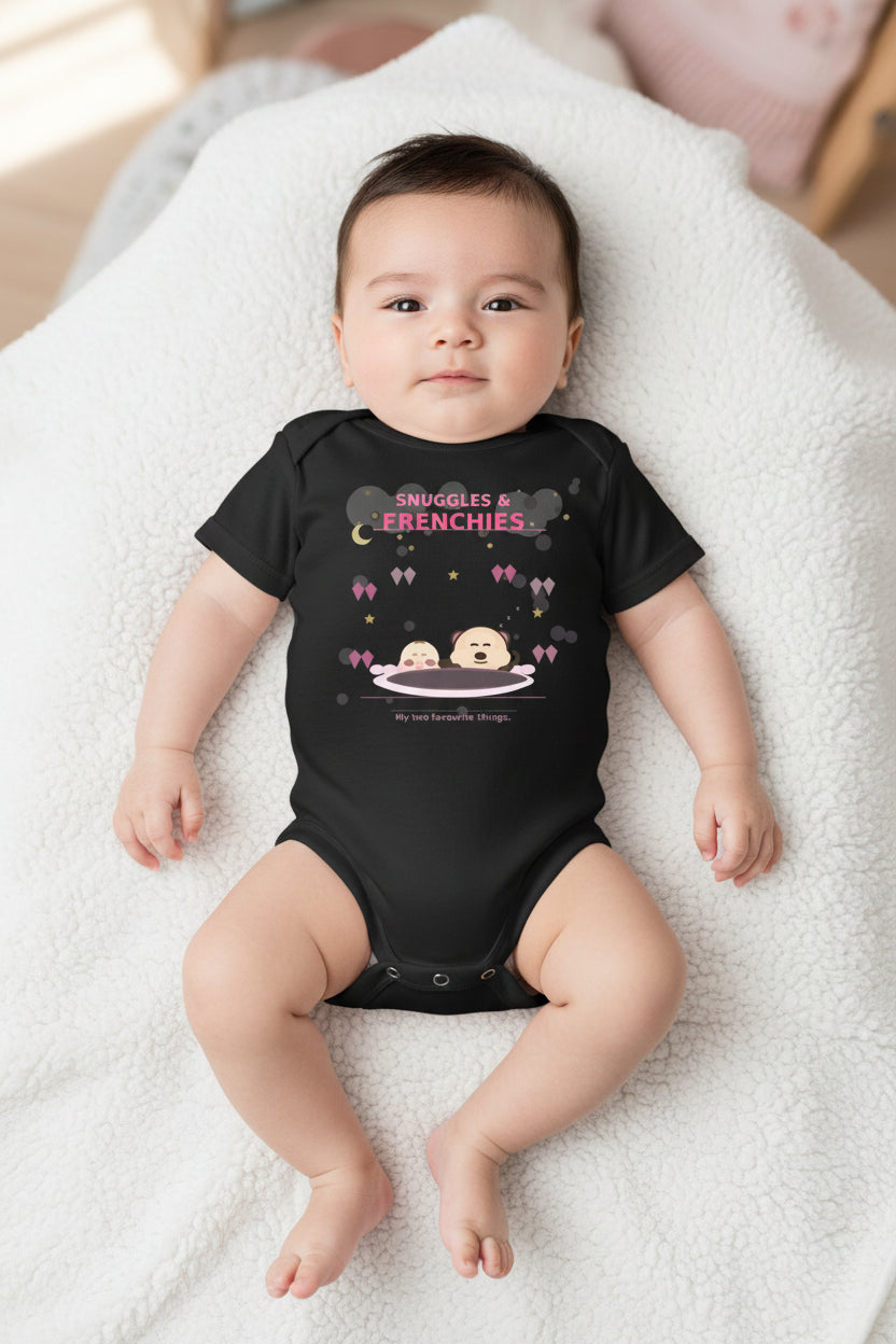 Black baby onesie with cartoon design and text on a white background