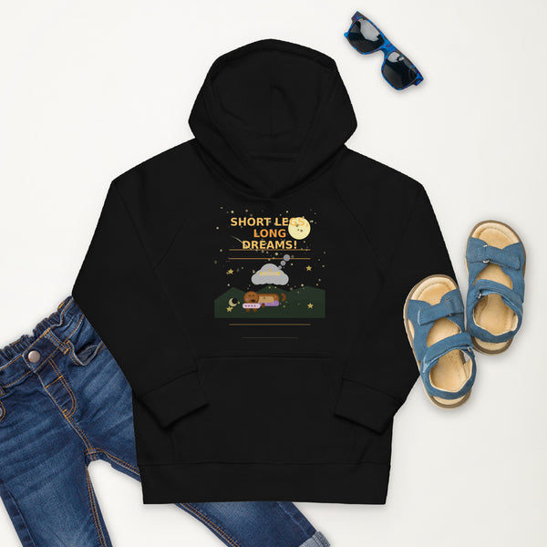 Black hoodie with gold logo and text, paired with blue jeans and sandals on a white background