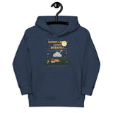 Navy blue hoodie with a graphic design on a white background