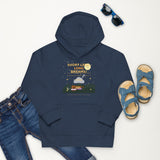 Navy blue hoodie with graphic design, jeans, sandals, and sunglasses on a white background