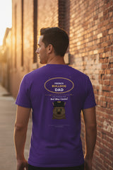 Purple t-shirt with French Bulldog Dad graphic on a white background