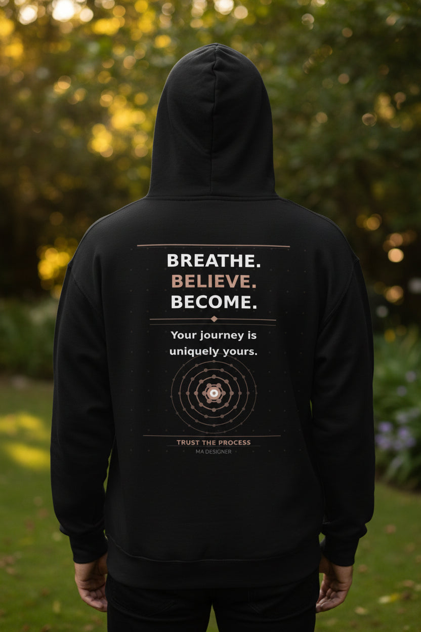 Black hoodie with motivational text on the back against a white background