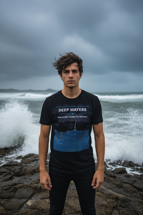 Black t-shirt with 'Deep Waters' graphic and text on a white background