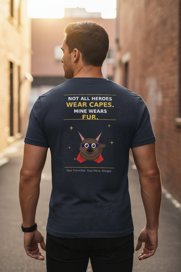 Navy blue t-shirt with a graphic design on the back and brand name on the front, displayed on a white background.