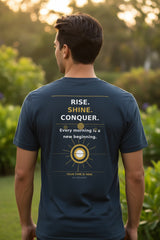 Navy blue t-shirt with a graphic design on the back and brand name on the front, displayed on a white background.