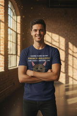 Navy blue t-shirt with a graphic of a French Bulldog and text on a white background