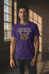 Purple t-shirt with a French Bulldog graphic and text on a white background