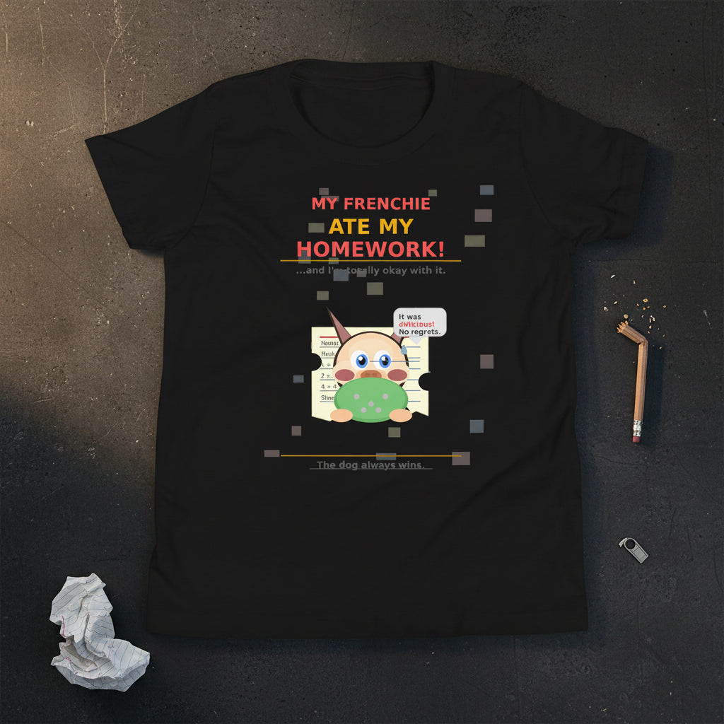 Black t-shirt with a cartoon character and humorous text on a white background