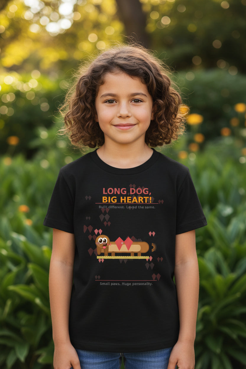 Black t-shirt with a dachshund graphic and text on a white background