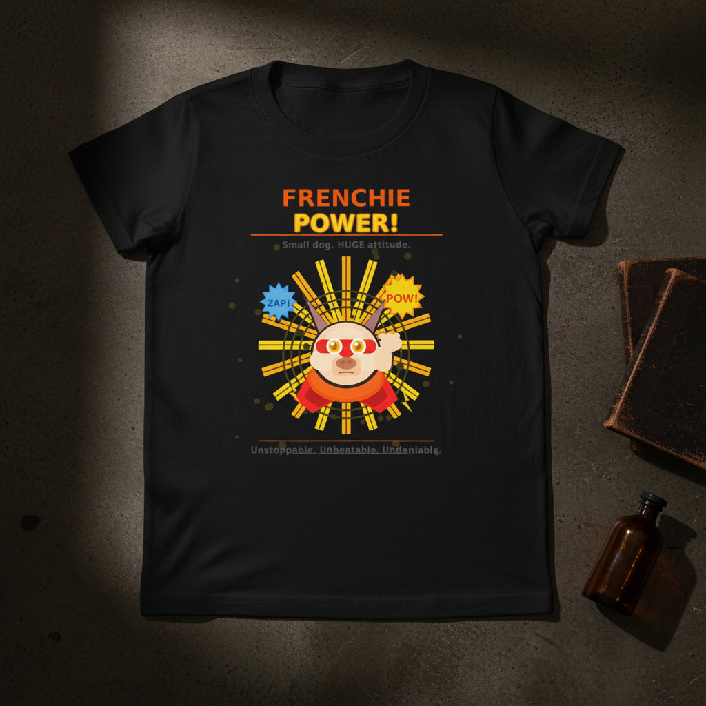 Black t-shirt with colorful graphic and 'FRENCHIE POWER!' text on a white background