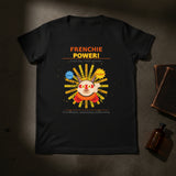 Black t-shirt with colorful graphic and 'FRENCHIE POWER!' text on a white background