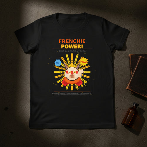 Black t-shirt with colorful graphic and 'FRENCHIE POWER!' text on a white background