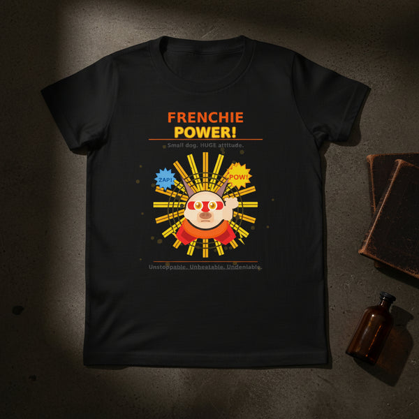 Black t-shirt with colorful graphic and 'FRENCHIE POWER!' text on a white background
