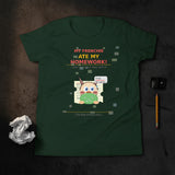 Green t-shirt with a cartoon character and text on a white background
